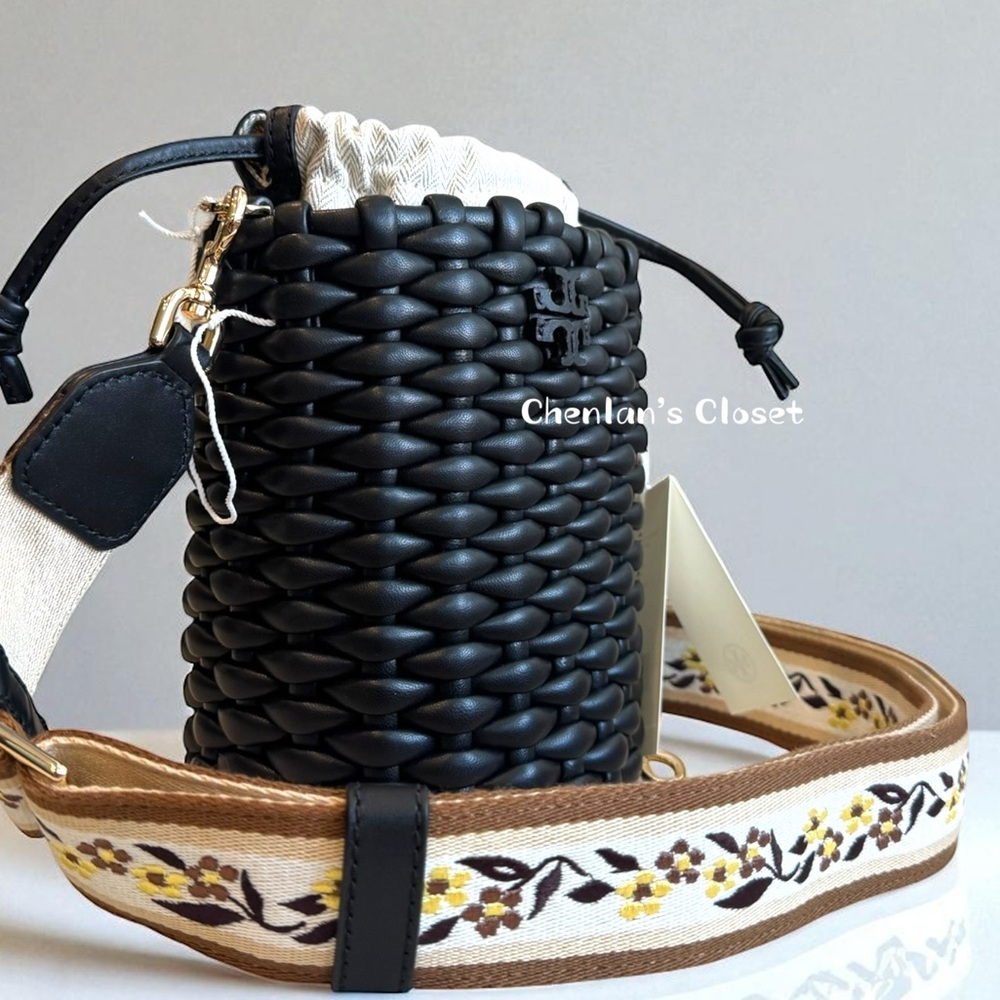 Tory Burch Emerson Woven Mini Bucket Bag Black With Gold Hardware - Picture 2 of 13